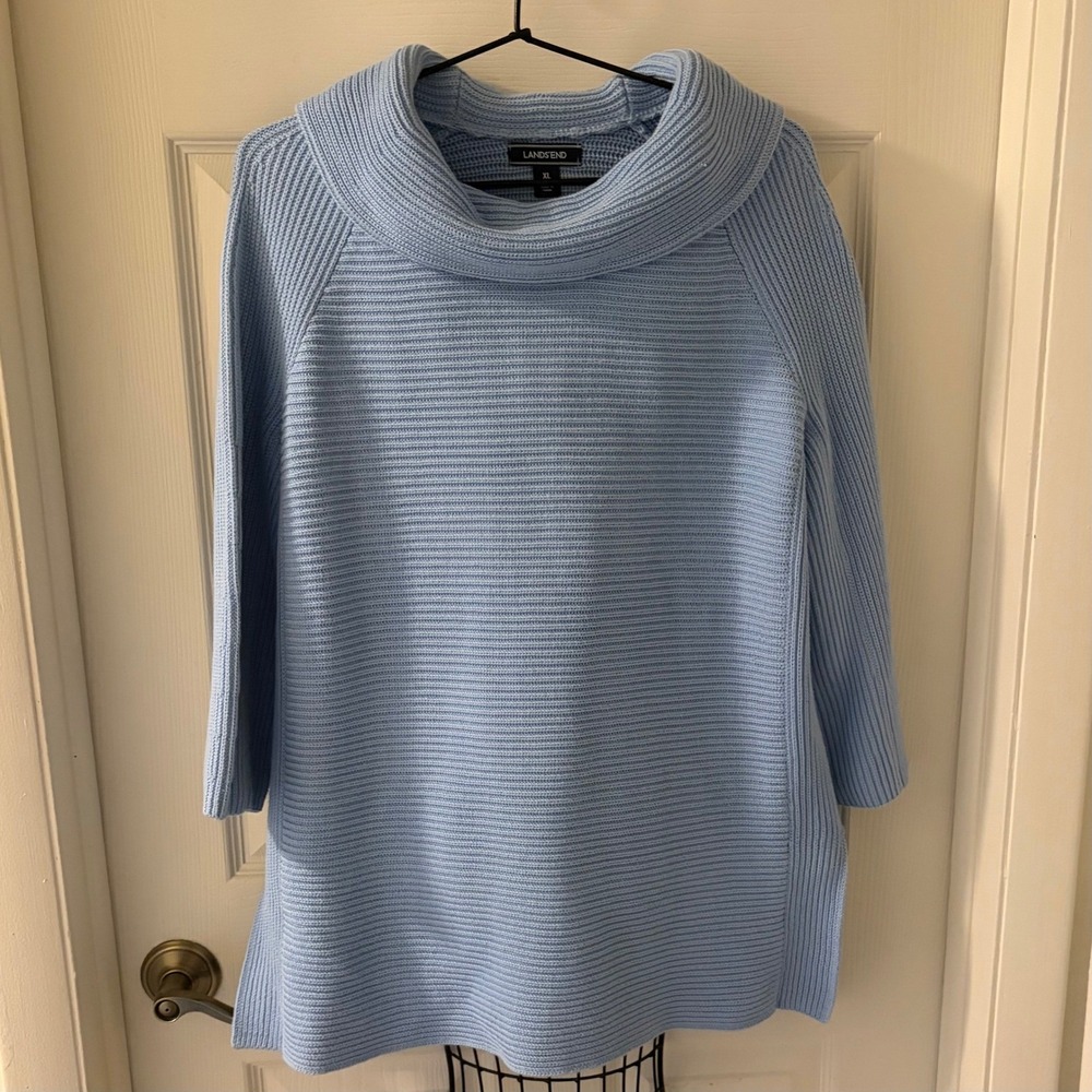 Lands End Womens XL 18 Light Blue Ribbed Cowl Neck Tunic Pullover Sweater